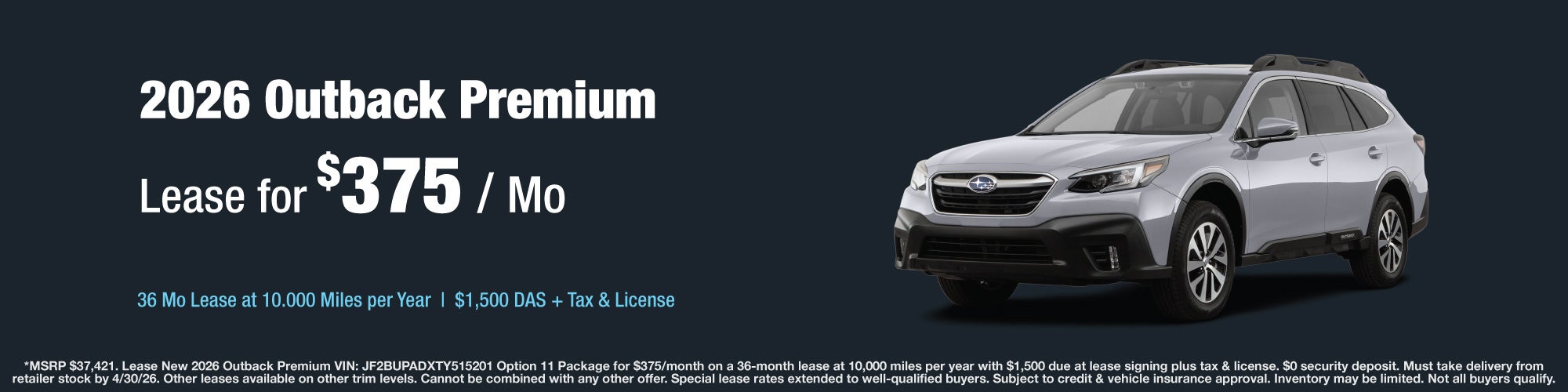 Subaru Outback Premium Lease 4/30/26